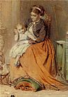 George Elgar Hicks Canvas Paintings - A girl listening to the ticking of a pocket watch while sitting on her mothers lap